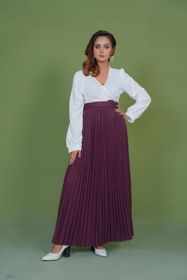 Burgundy Platted Skirt with white Top