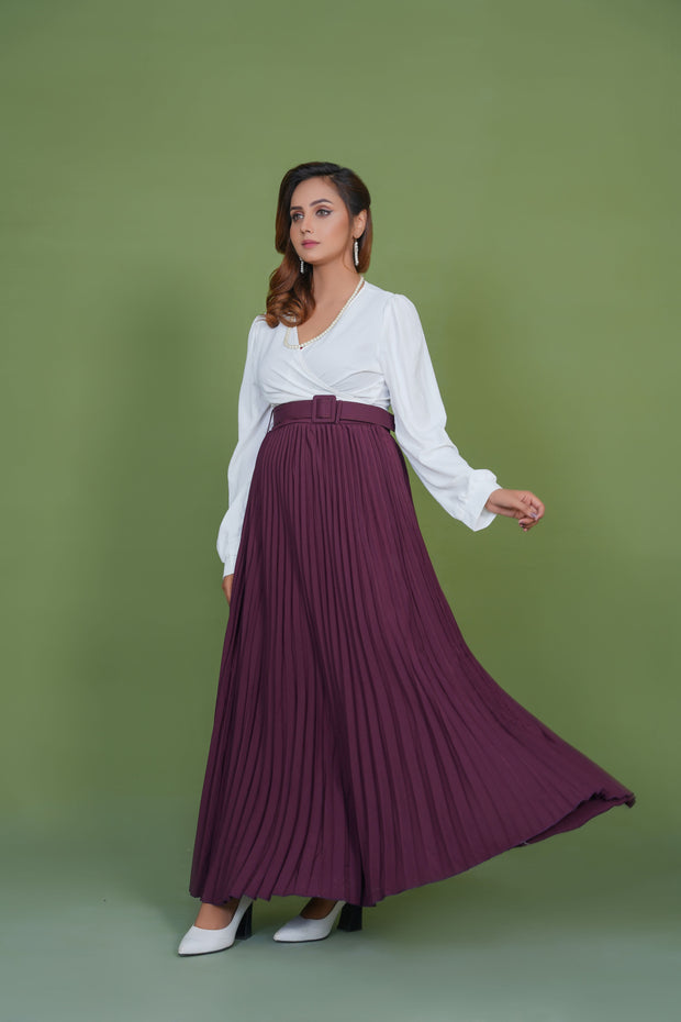 Burgundy Platted Skirt with white Top