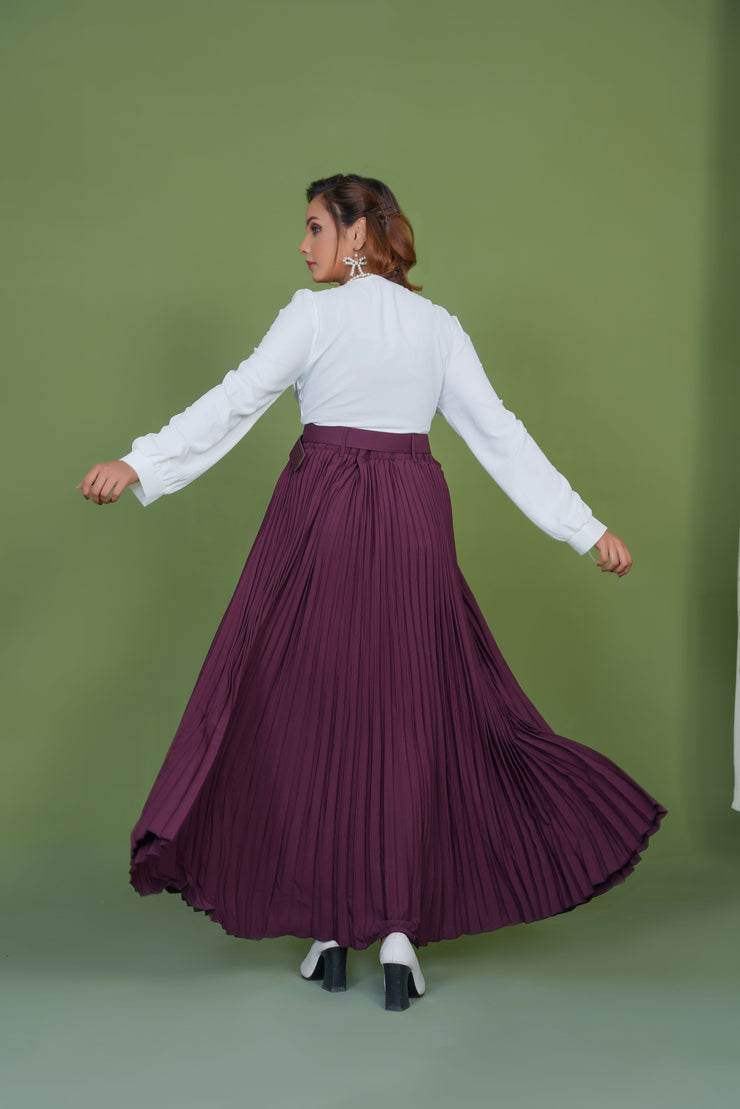 Burgundy Platted Skirt with white Top