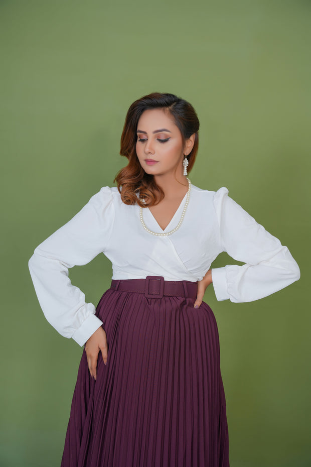 Burgundy Platted Skirt with white Top