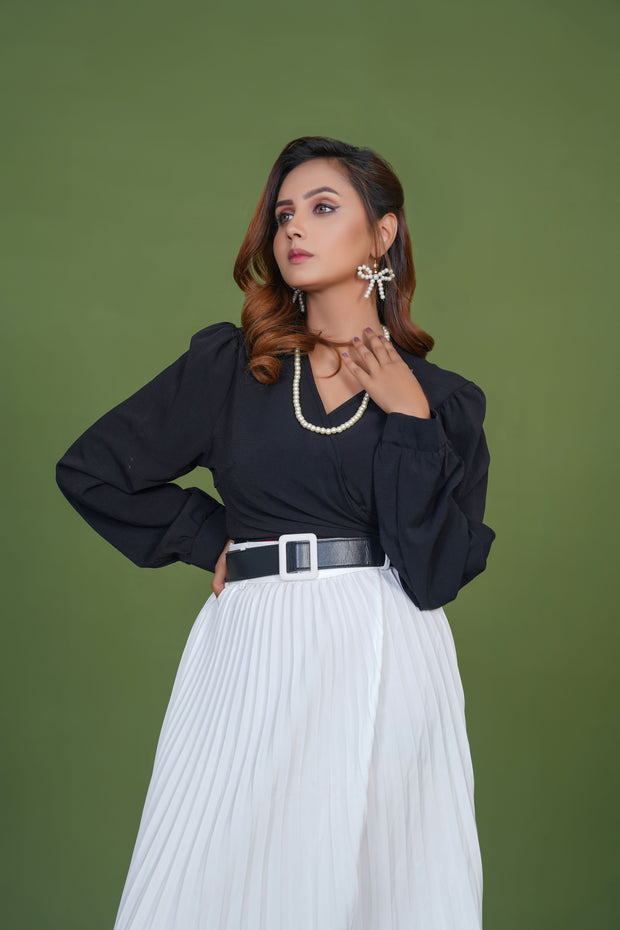 White Platted Skirt with Black Top