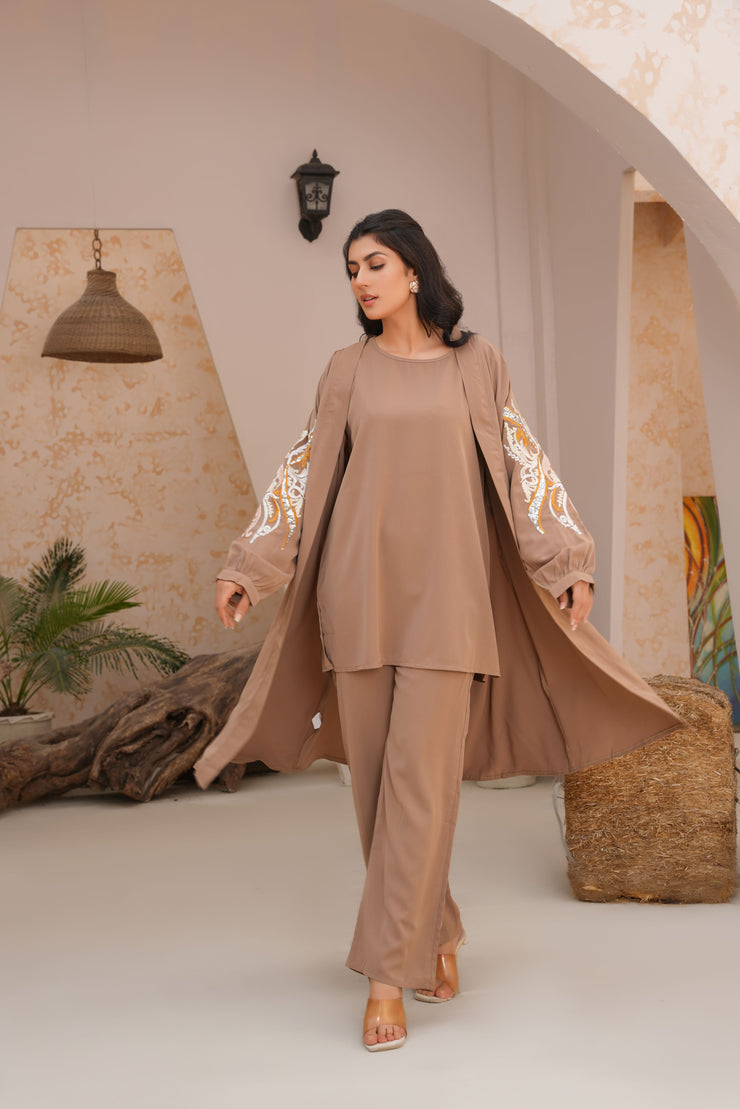 Desert Brown Embrioded three piece Kimono set