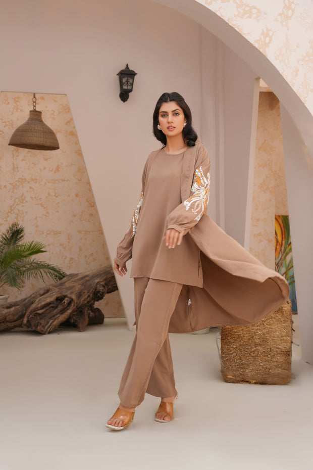 Desert Brown Embrioded three piece Kimono set