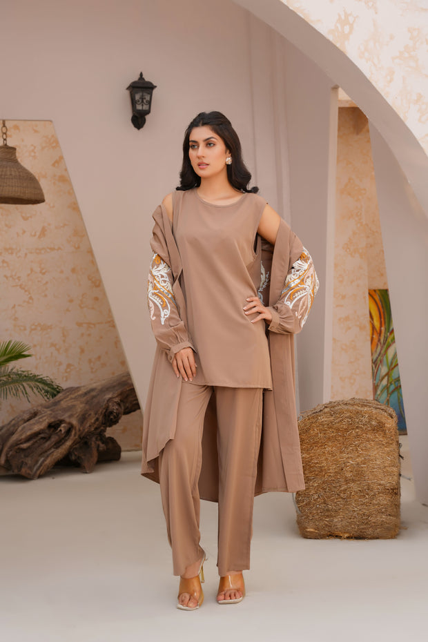 Desert Brown Embrioded three piece Kimono set