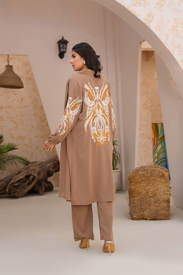 Desert Brown Embrioded three piece Kimono set