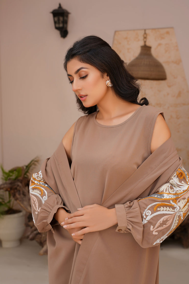 Desert Brown Embrioded three piece Kimono set