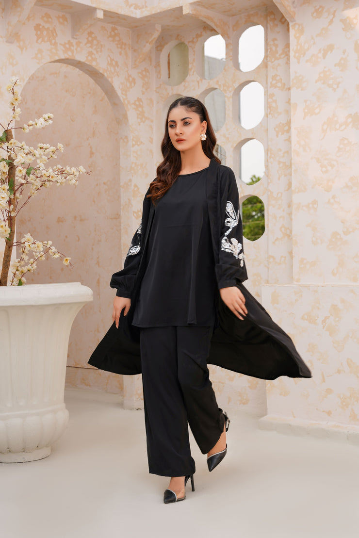 Cold Black Sequence Embroidery 3 Piece kimono Set