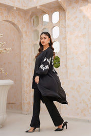 Cold Black Sequence Embroidery 3 Piece kimono Set