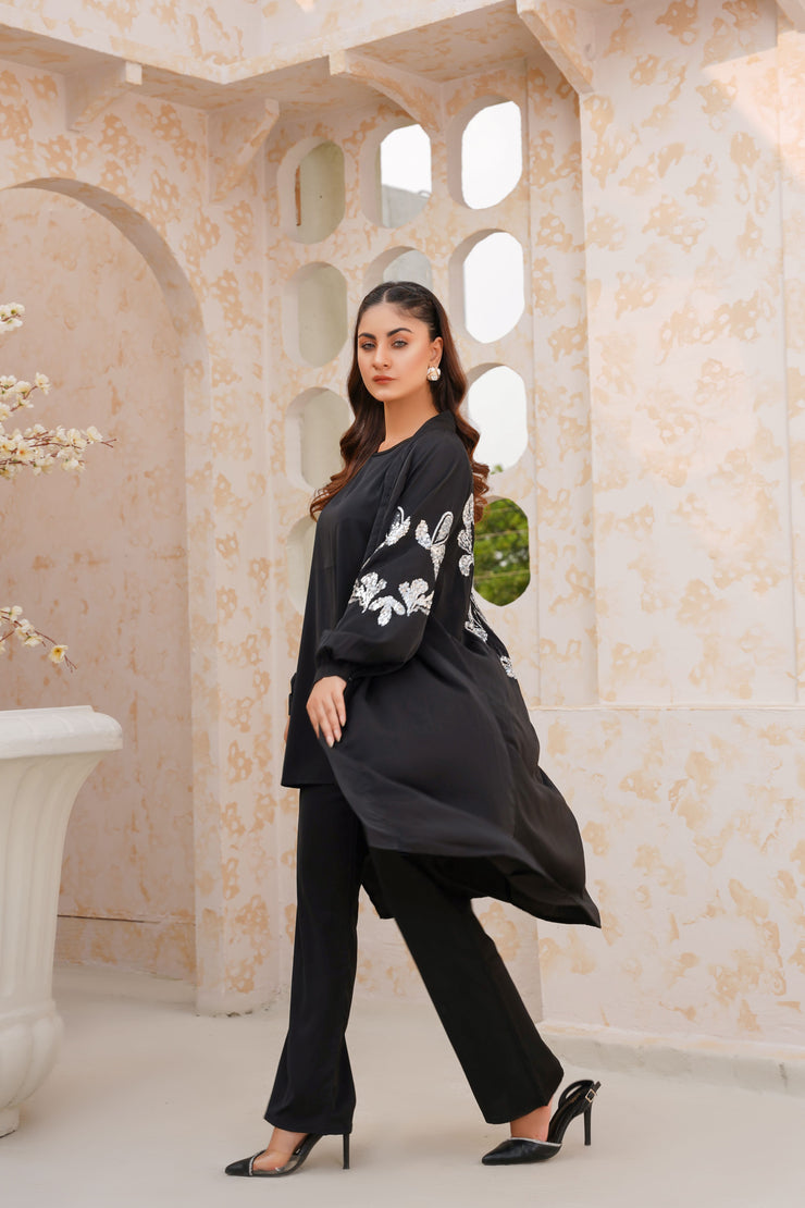 Cold Black Sequence Embroidery 3 Piece kimono Set