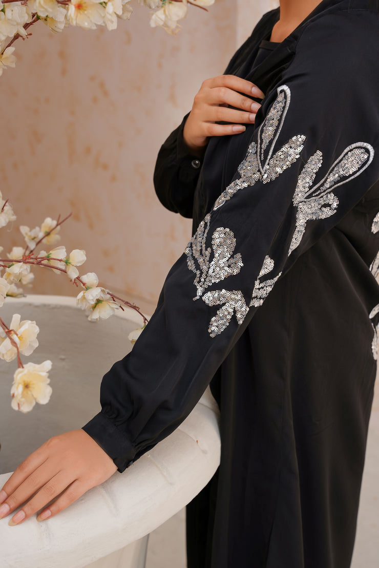 Cold Black Sequence Embroidery 3 Piece kimono Set