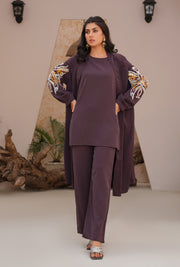 Umber Brown Embrioded three piece Kimono set