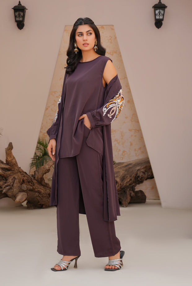 Umber Brown Embrioded three piece Kimono set