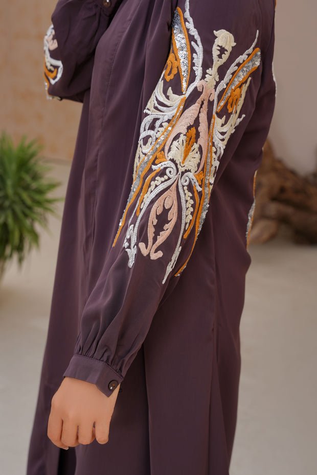 Umber Brown Embrioded three piece Kimono set