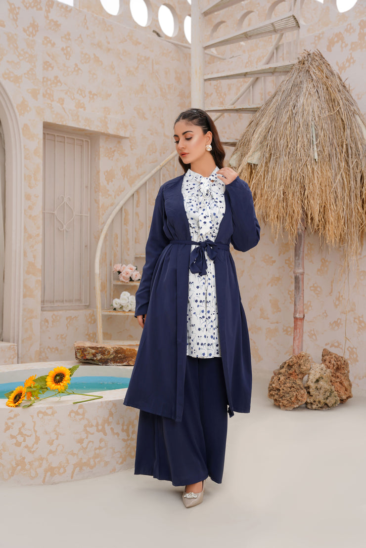 Oxford Blue 3 Piece kimono Set with Palazzo