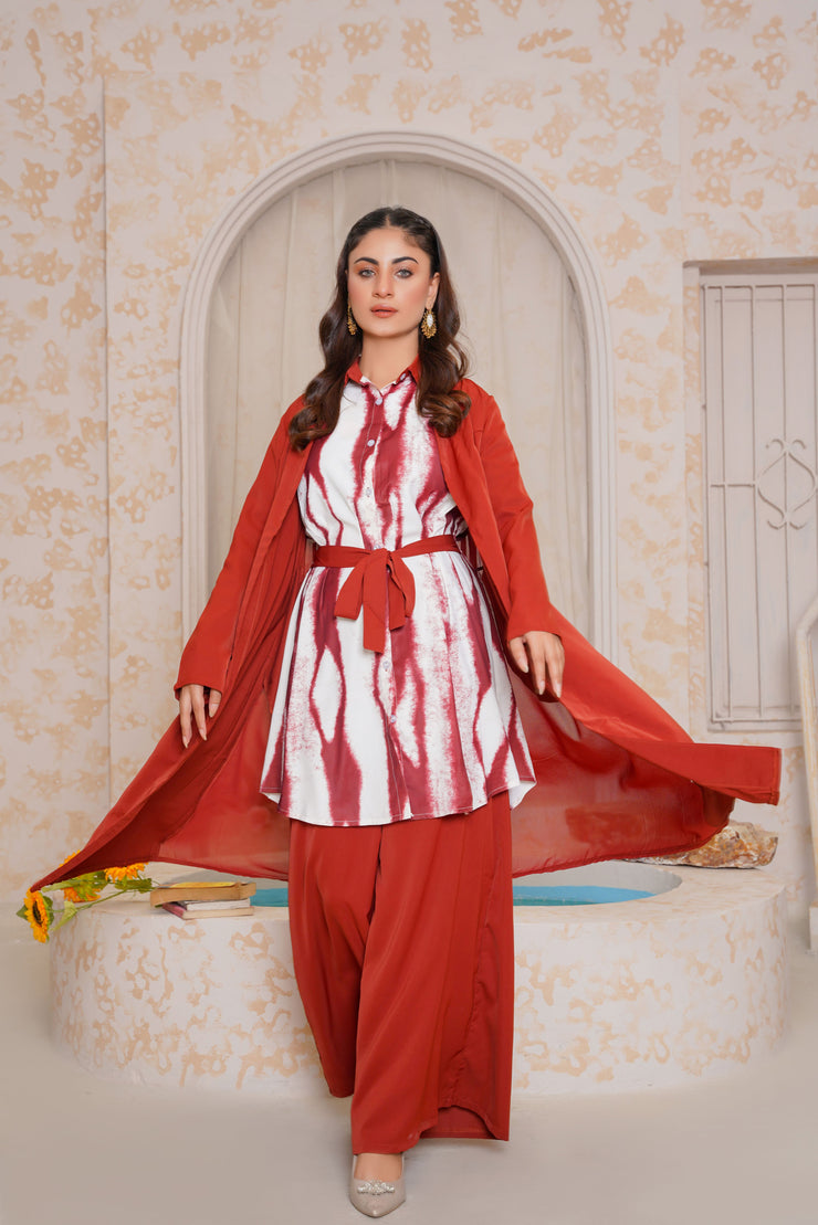 Autumn Red 3 Piece kimono Set with Palazzo