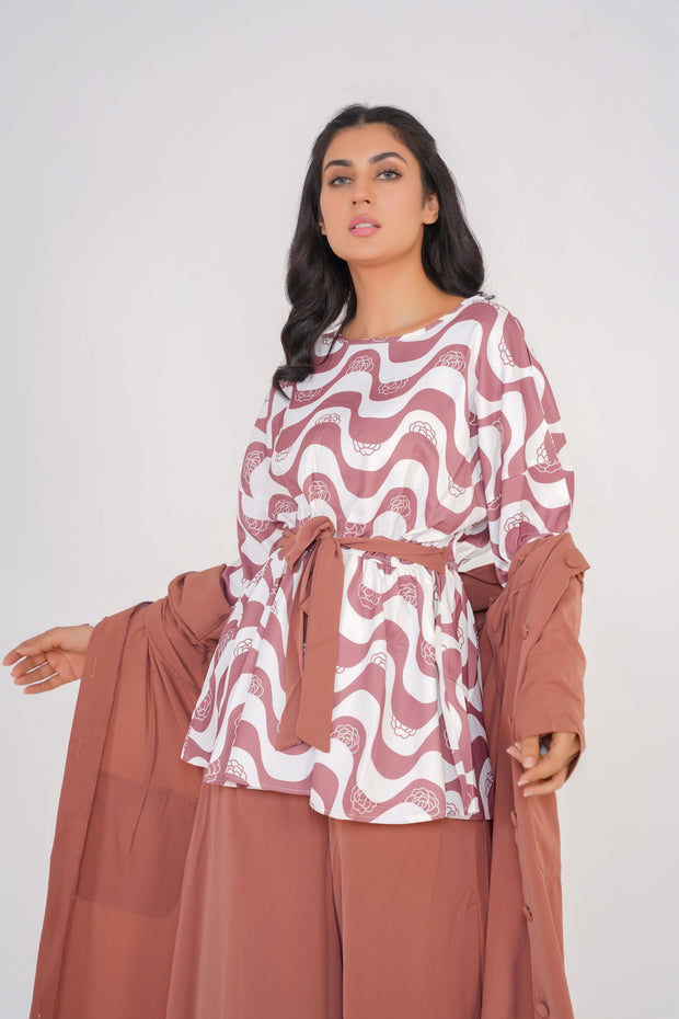 Pinkish Brown 3 Piece kimono Set with Palazzo