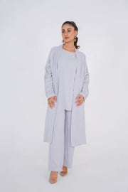 Silver Gray Sequence Embroidery 3 Piece kimono Set