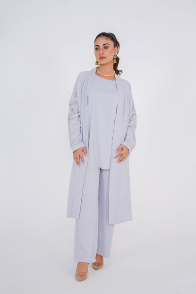 Silver Gray Sequence Embroidery 3 Piece kimono Set