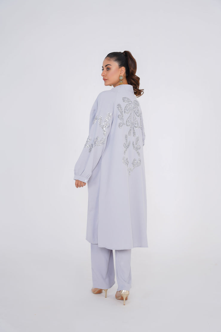 Silver Gray Sequence Embroidery 3 Piece kimono Set