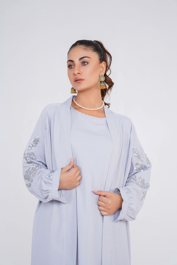 Silver Gray Sequence Embroidery 3 Piece kimono Set