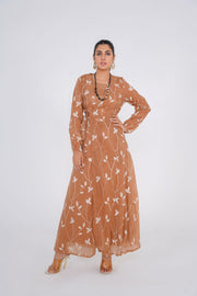 Copper Brown Embroided chiffon Kimono with matching slip