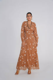 Copper Brown Embroided chiffon Kimono with matching slip