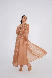 Copper Brown Embroided chiffon Kimono with matching slip