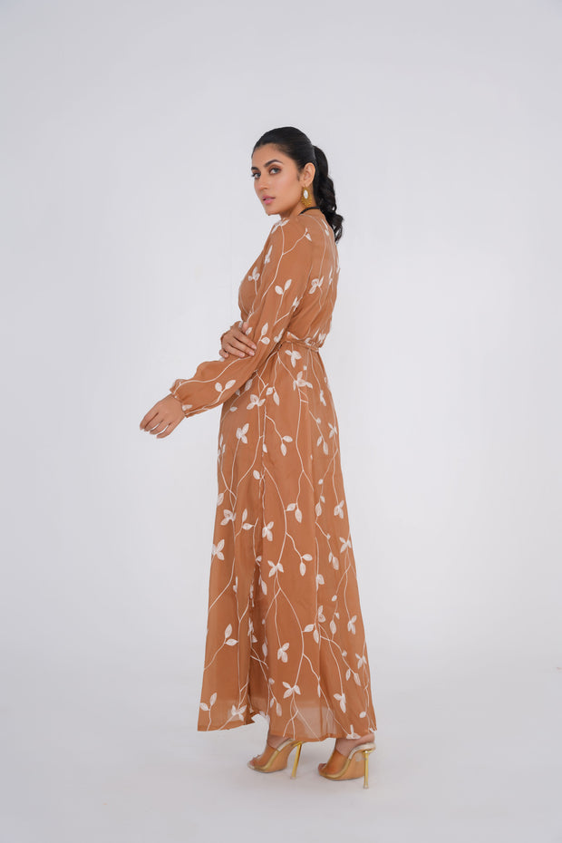 Copper Brown Embroided chiffon Kimono with matching slip