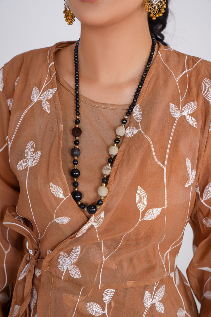 Copper Brown Embroided chiffon Kimono with matching slip