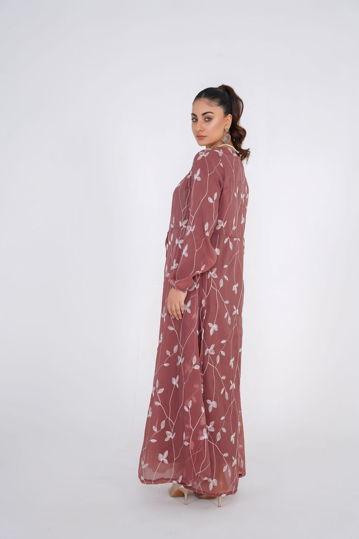 Chestnut Embroided chiffon Kimono with matching slip