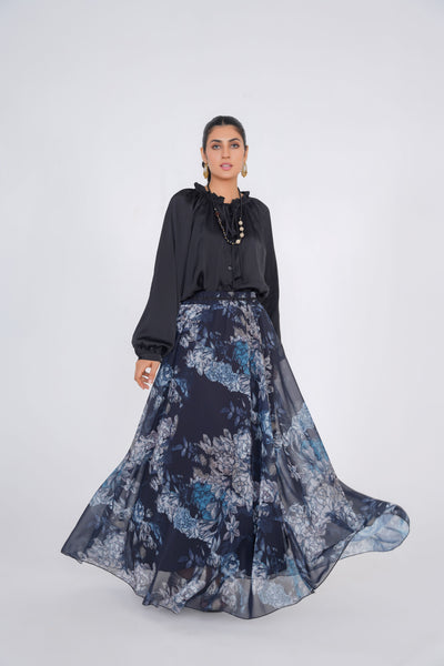 Black Floral Printed Skirt with Black Silk Top