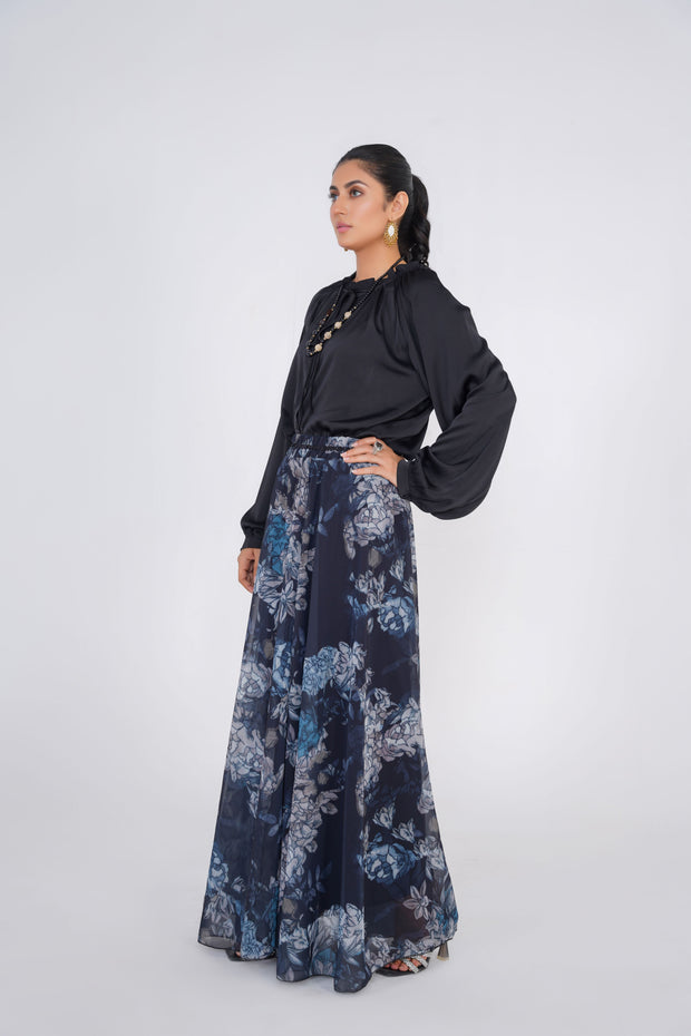 Black Floral Printed Skirt with Black Silk Top