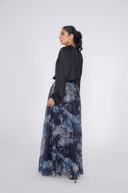 Black Floral Printed Skirt with Black Silk Top