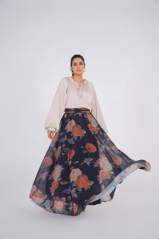 Black Floral Printed Skirt with Cream Silk Top