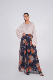 Black Floral Printed Skirt with Cream Silk Top