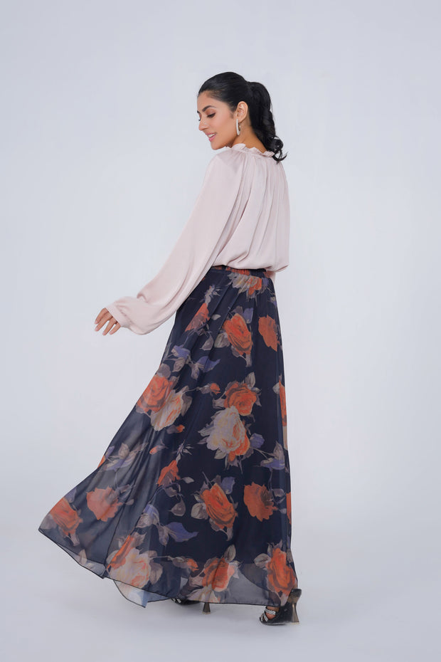 Black Floral Printed Skirt with Cream Silk Top