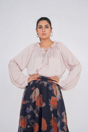 Black Floral Printed Skirt with Cream Silk Top