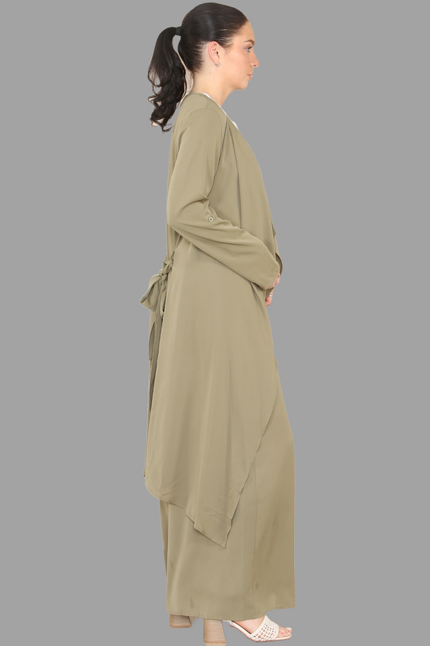 Khaki Open Front Kimono with wide leg trousers